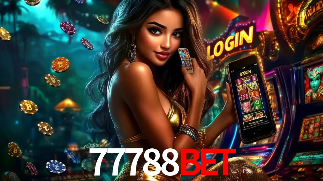 Mulher em um cenário de cassino temático de aventura, mostrando o app de caça-níqueis da 77788BET no celular. Fichas de apostas flutuam ao redor.