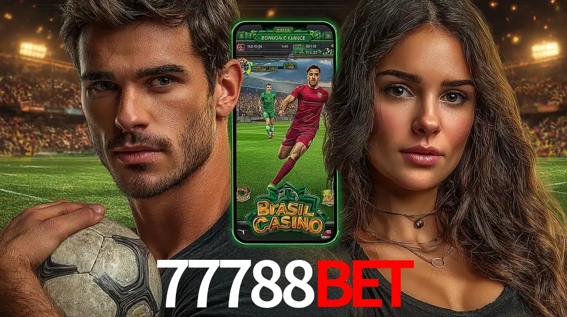 Homem segurando uma bola de futebol e uma mulher ao lado de um smartphone exibindo o jogo de apostas esportivas da 77788BET. Faça seu palpite no cassino online.